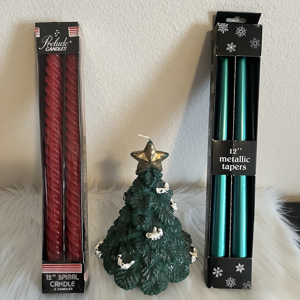 VTG Christmas Candles Green‎ Metallic Tapers Red Spiral Lot Of 3 Tree Holiday